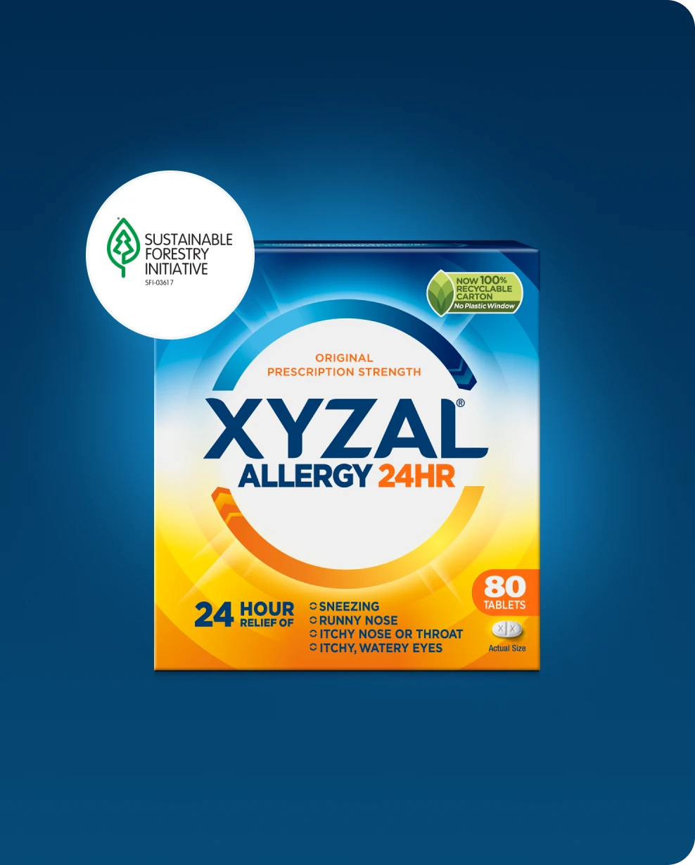 Xyzal Allergy 24HR front packshot, plus the Sustainable Forestry Initiative logo.